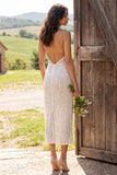 Sparkly Ivory Sequined Halter Sheath Long Engagement Dress with Slit