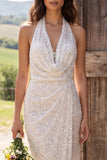 Sparkly Ivory Sequined Halter Sheath Long Engagement Dress with Slit
