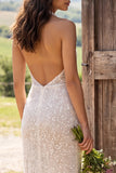 Sparkly Ivory Sequined Halter Sheath Long Engagement Dress with Slit