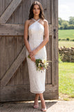Ivory Sparkly Sequined Sheath Halter Long Engagement Dress with Slit