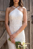 Ivory Sparkly Sequined Sheath Halter Long Engagement Dress with Slit