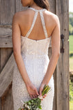 Ivory Sparkly Sequined Sheath Halter Long Engagement Dress with Slit