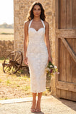 Ivory Floral Corset Sheath Halter Long Engagement Dress with Slit