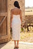 Ivory Floral Corset Sheath Halter Long Engagement Dress with Slit