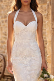 Ivory Floral Corset Sheath Halter Long Engagement Dress with Slit