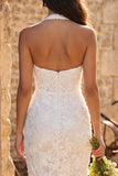 Ivory Floral Corset Sheath Halter Long Engagement Dress with Slit