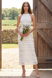 Ivory Sheath Halter Ruffled Long Engagement Dress