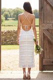 Ivory Sheath Halter Ruffled Long Engagement Dress