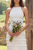 Ivory Sheath Halter Ruffled Long Engagement Dress