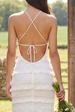 Ivory Sheath Halter Ruffled Long Engagement Dress