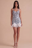 Dusty Blue Sparkly Sequin Corset Bodycon Halter Short Cocktail Dress