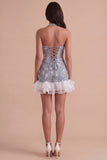 Dusty Blue Sparkly Sequin Corset Bodycon Halter Short Cocktail Dress