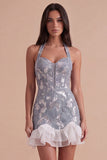 Dusty Blue Sparkly Sequin Corset Bodycon Halter Short Cocktail Dress