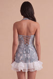 Dusty Blue Sparkly Sequin Corset Bodycon Halter Short Cocktail Dress