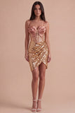 Sparkly Champagne Corset Sequin Spaghetti Straps Bodycon Short Cocktail Dress with Slit