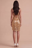 Sparkly Champagne Corset Sequin Spaghetti Straps Bodycon Short Cocktail Dress with Slit