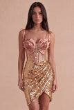 Sparkly Champagne Corset Sequin Spaghetti Straps Bodycon Short Cocktail Dress with Slit