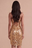 Sparkly Champagne Corset Sequin Spaghetti Straps Bodycon Short Cocktail Dress with Slit
