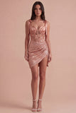 Champagne Corset Sparkly Sequin Thick Straps Bodycon Short Cocktail Dress with Slit