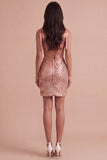 Champagne Corset Sparkly Sequin Thick Straps Bodycon Short Cocktail Dress with Slit
