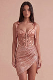 Champagne Corset Sparkly Sequin Thick Straps Bodycon Short Cocktail Dress with Slit