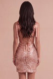 Champagne Corset Sparkly Sequin Thick Straps Bodycon Short Cocktail Dress with Slit