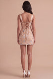 Sparkly Apricot Floral Corset Bodycon Thick Straps Short Cocktail Dress