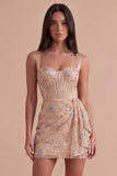 Sparkly Apricot Floral Corset Bodycon Thick Straps Short Cocktail Dress