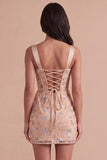 Sparkly Apricot Floral Corset Bodycon Thick Straps Short Cocktail Dress