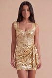 Champagne Sparkly Corset Sequin Thick Straps Bodycon Short Cocktail Dress