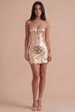 Sparkly Champagne Corset Bodycon Sequin Spaghetti Straps Short Cocktail Dress