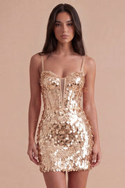 Sparkly Champagne Corset Bodycon Sequin Spaghetti Straps Short Cocktail Dress