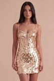 Sparkly Champagne Corset Bodycon Sequin Spaghetti Straps Short Cocktail Dress