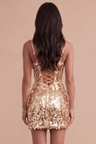 Sparkly Champagne Corset Bodycon Sequin Spaghetti Straps Short Cocktail Dress