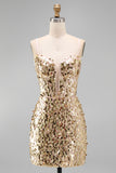 Sparkly Champagne Corset Bodycon Sequin Spaghetti Straps Short Cocktail Dress