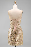 Sparkly Champagne Corset Bodycon Sequin Spaghetti Straps Short Cocktail Dress