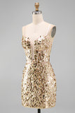 Sparkly Champagne Corset Bodycon Sequin Spaghetti Straps Short Cocktail Dress