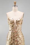 Sparkly Champagne Corset Bodycon Sequin Spaghetti Straps Short Cocktail Dress