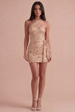 Sparkly Floral Champagne Corset Sequin Bodycon One Shoulder Short Cocktail Dress