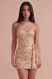 Sparkly Floral Champagne Corset Sequin Bodycon One Shoulder Short Cocktail Dress