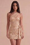 Sparkly Floral Champagne Corset Sequin Bodycon One Shoulder Short Cocktail Dress