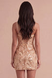 Sparkly Floral Champagne Corset Sequin Bodycon One Shoulder Short Cocktail Dress