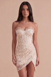 Apricot Floral Corset Bodycon Sweetheart Short Cocktail Dress with Slit