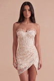 Apricot Floral Corset Bodycon Sweetheart Short Cocktail Dress with Slit