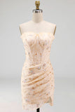 Apricot Floral Corset Bodycon Sweetheart Short Cocktail Dress with Slit