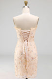 Apricot Floral Corset Bodycon Sweetheart Short Cocktail Dress with Slit