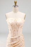 Apricot Floral Corset Bodycon Sweetheart Short Cocktail Dress with Slit