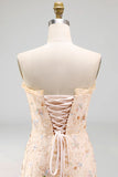 Apricot Floral Corset Bodycon Sweetheart Short Cocktail Dress with Slit