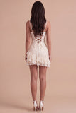 Ivory Sparkly Floral Corset Sequin Spaghetti Straps Bodycon Short Cocktail Dress