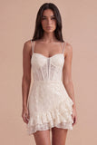 Ivory Sparkly Floral Corset Sequin Spaghetti Straps Bodycon Short Cocktail Dress